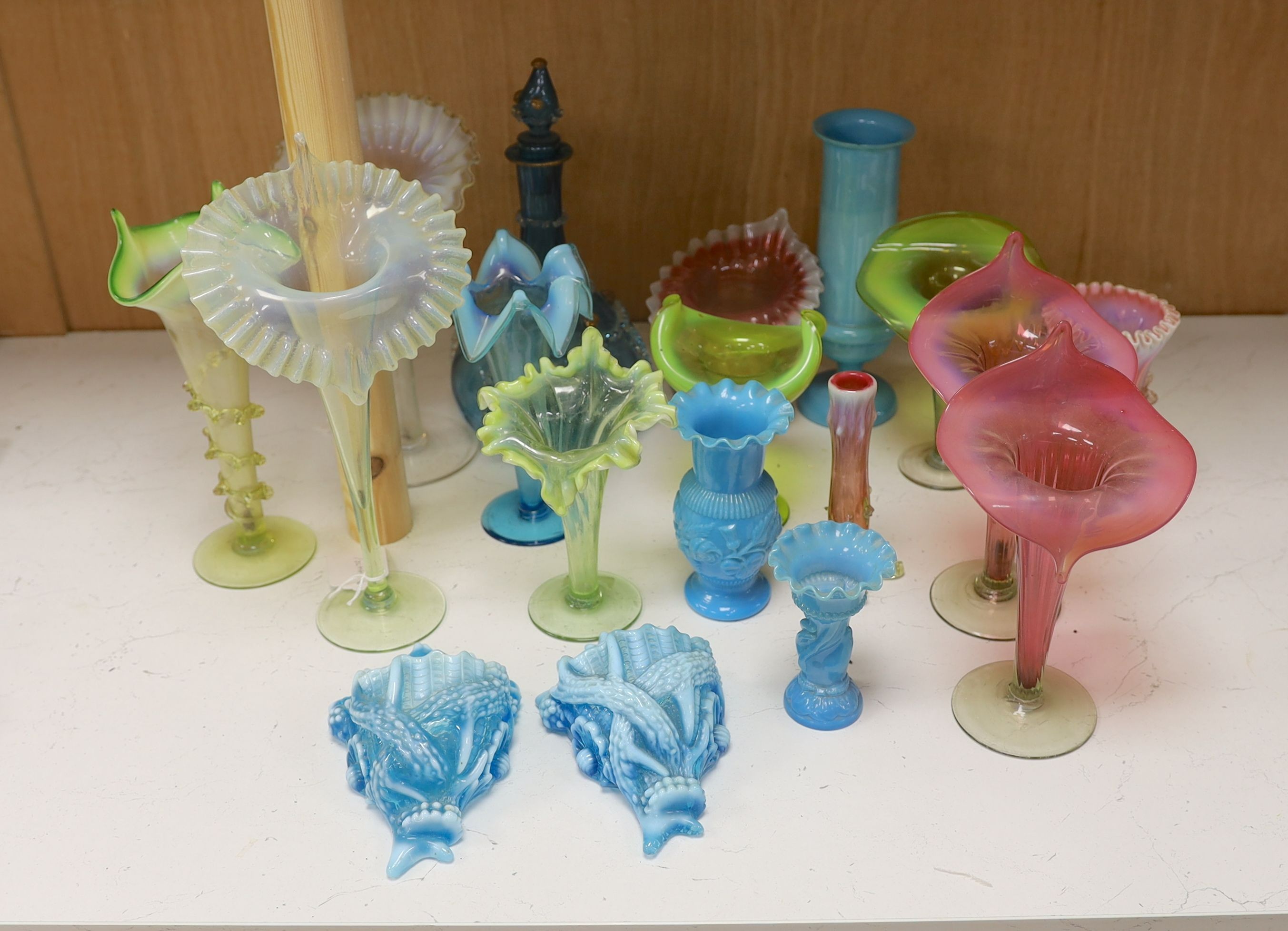 A selection of various art glass including a pair of cranberry pulpit vases, late 19th/early 20th century